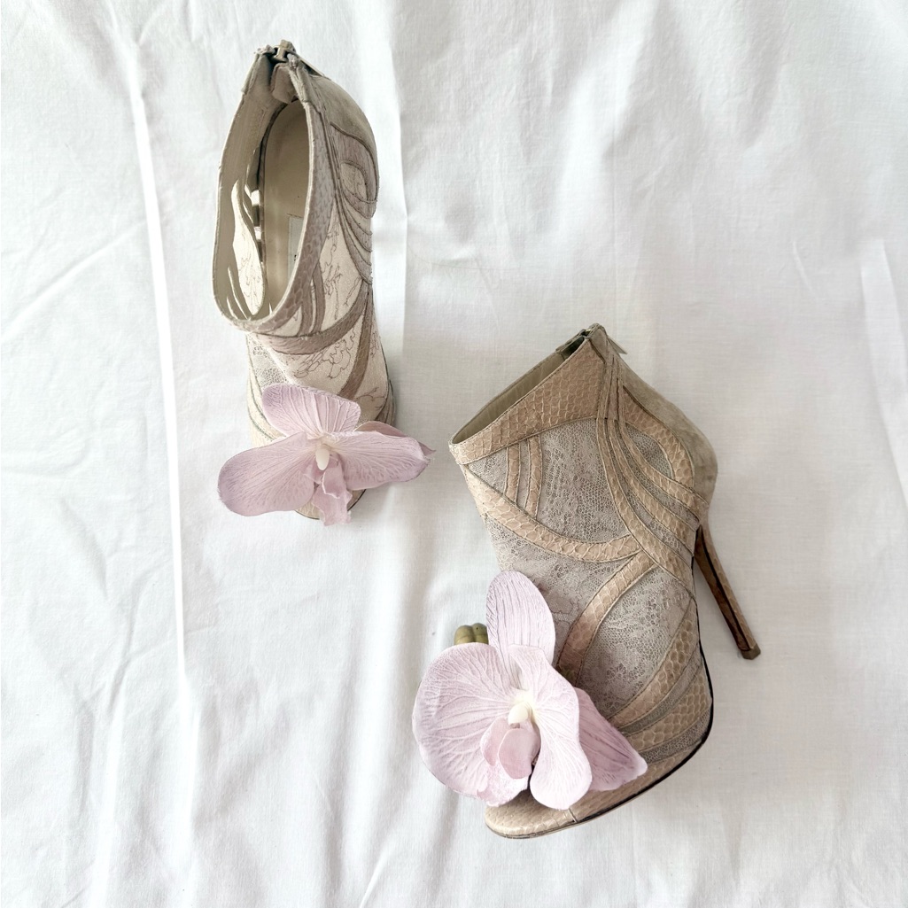 Up-Cycled Jimmy Choo Orchid Flowers Sandals Heels Shoes Lace Boots 6 36 Wedding